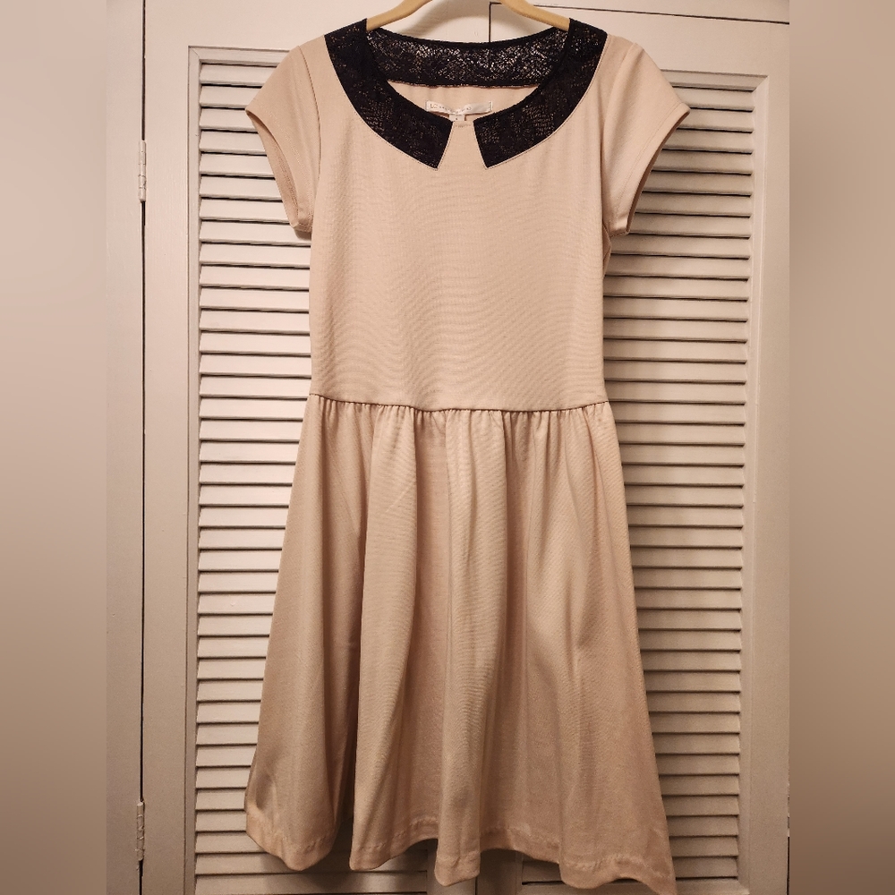 Cream colored dress with black lace detailed collar, new with tags, size 6.